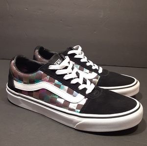 VANS WARD CHECKER BLACK SUEDE  MULTI RAINBOW METALLIC SKATE WOMENS SIZE 8 EUC
